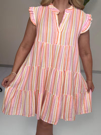 Signature Musselin Kleid kurz weiß SMALL STRIPES pastell rosa/peach/gelb