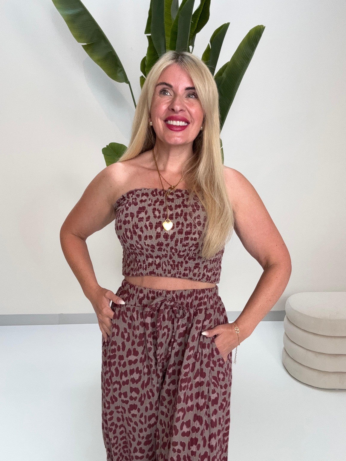 Musselin Bandeau Top mit elastischem Gummizug LEO burgundy/taupe