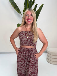 Musselin Bandeau Top mit elastischem Gummizug LEO burgundy/taupe