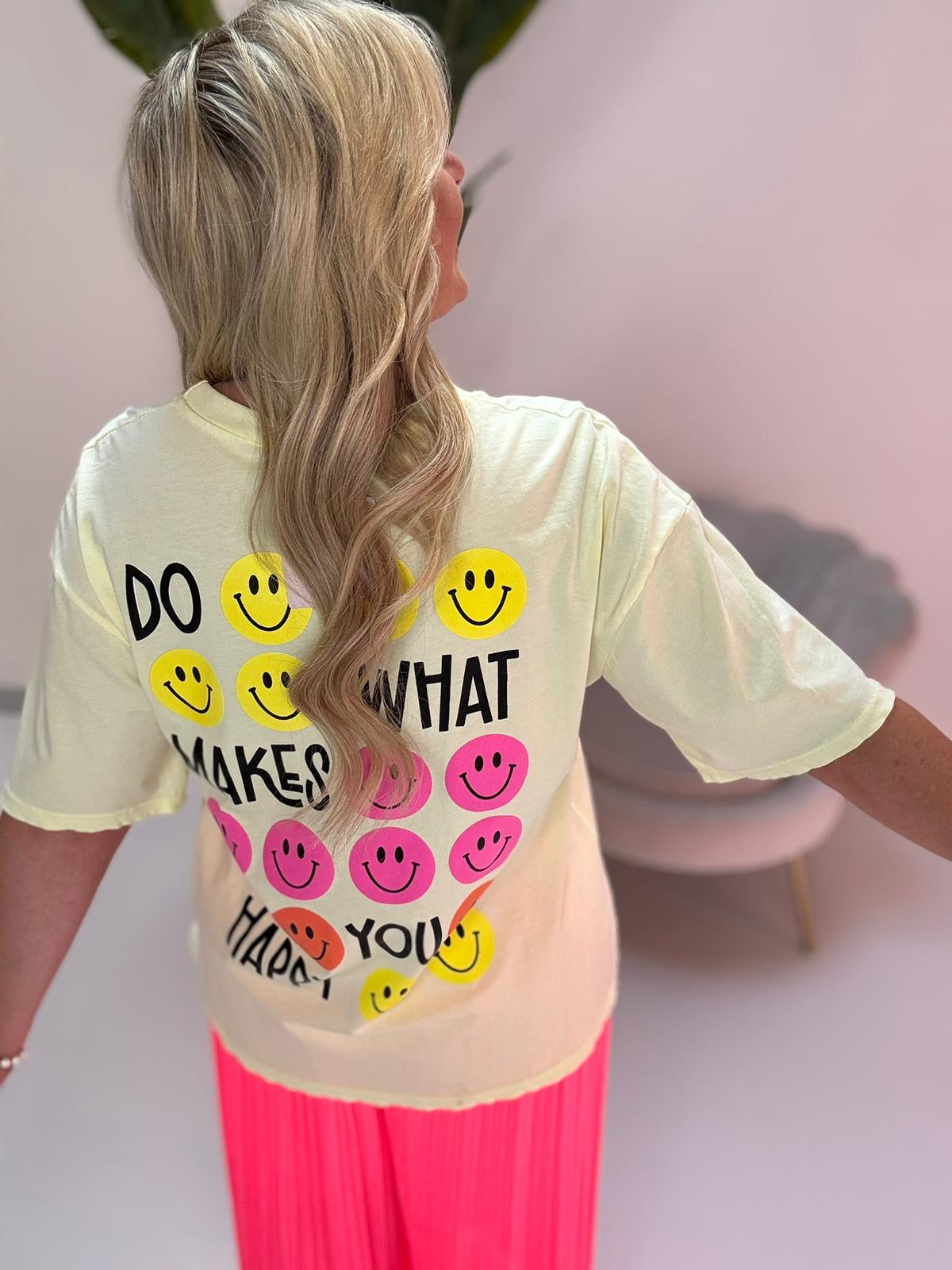 Statement Shirt DONT WORRY BE HAPPY gelb mit Rückenprint