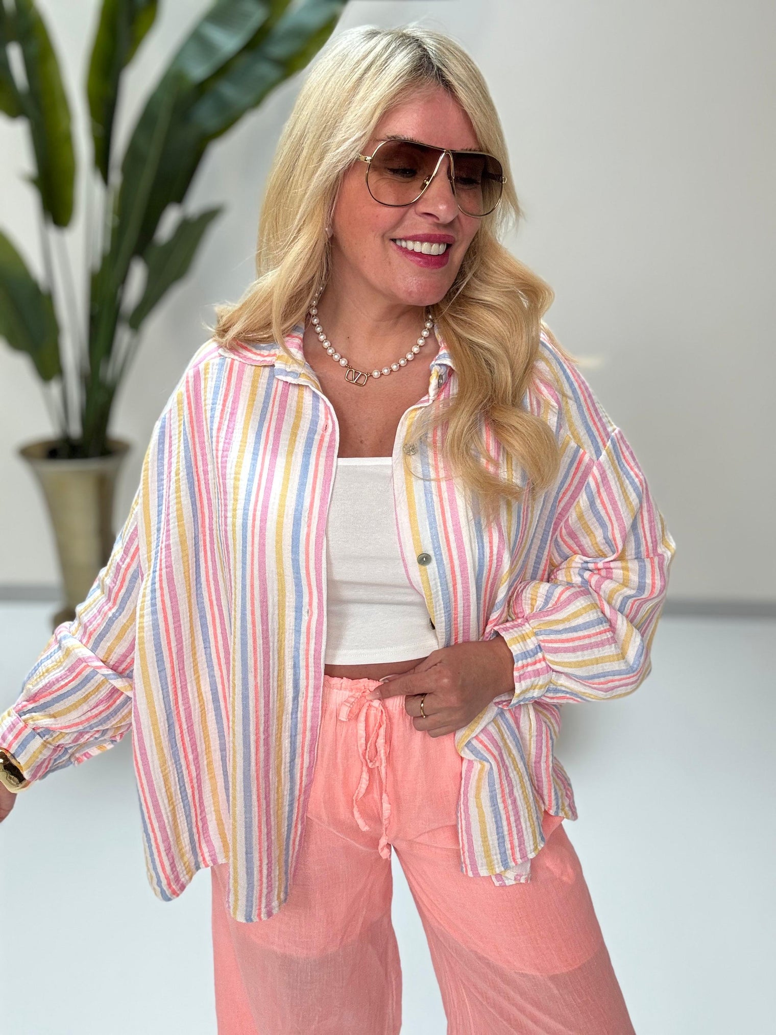 Musselin Bluse weiß COLORFUL STRIPES blau/pink/gelb/peach