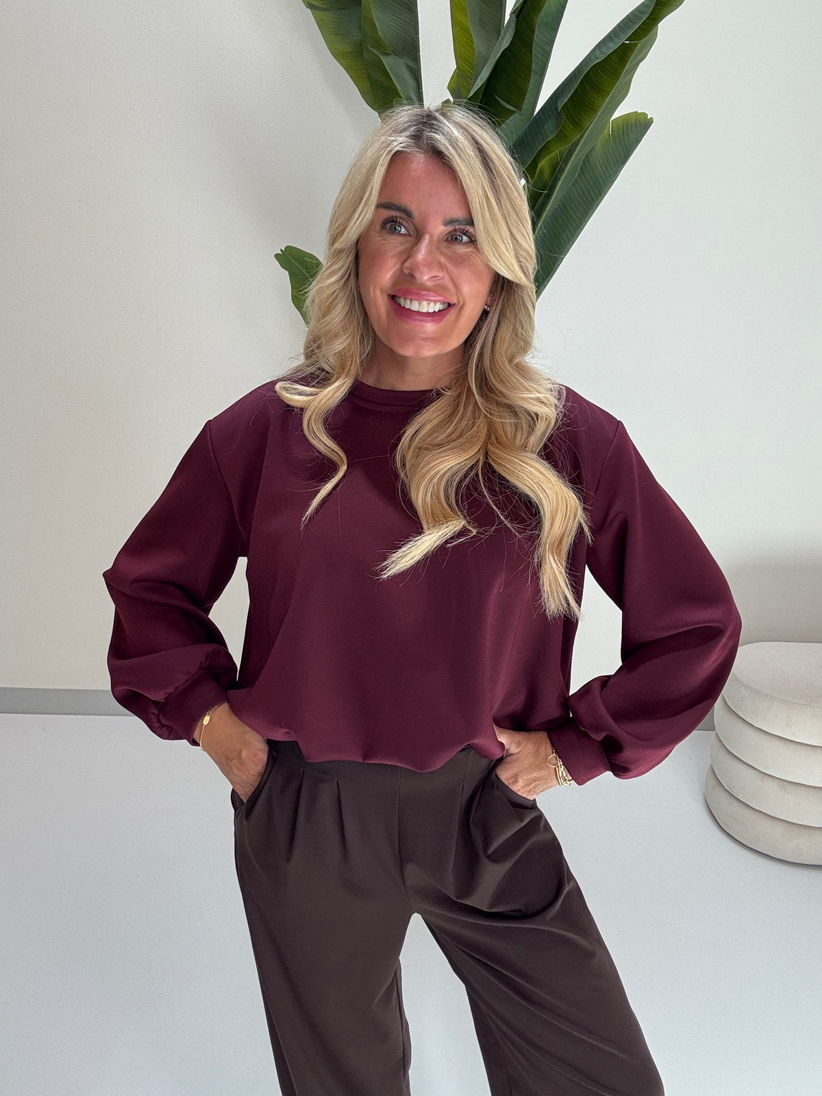 Butterstoff Pullover mit Gummizug unten burgundy