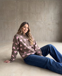 Zipper Strickjacke mit Herzchen taupe/rosa