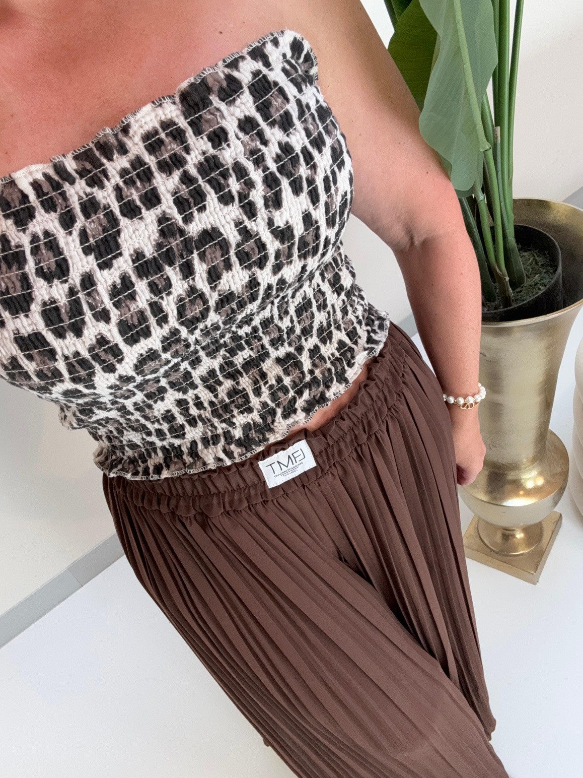 Musselin Bandeau Top mit elastischem Gummizug Leo beige/braun/schwarz