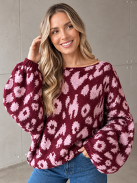 Fledermauspullover im LEO Style burgundy/rosa