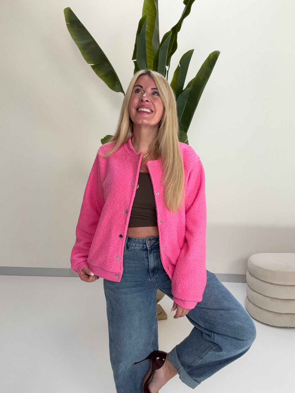 Bomber Jacke FLUFFY PINK mit Druckknöpfen