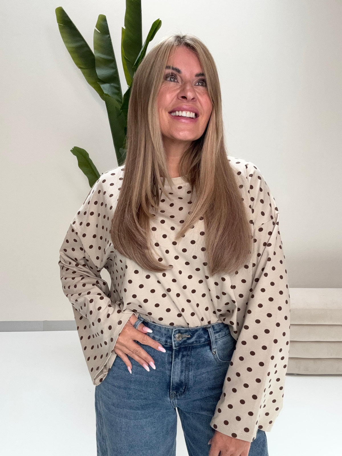 Longsleeve DOTS mit leicht ausgestelltem Ärmel beige