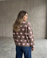 Zipper Strickjacke mit Herzchen taupe/rosa