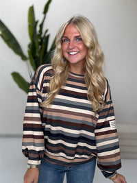 Butterstoff Sweater mit Patch am Ärmel SMALL STRIPES schwarz/braun/beige/creme/grau
