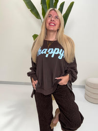 Oversize Sweater dark chocolate HAPPY himmelblau