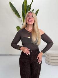 Stretchy One Off-Shoulder Longsleeve coffee leicht transparent