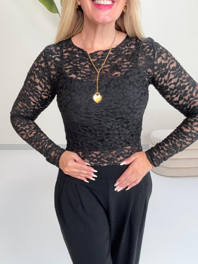 Longsleeve aus hochwertiger Spitze LACE QUEEN schwarz