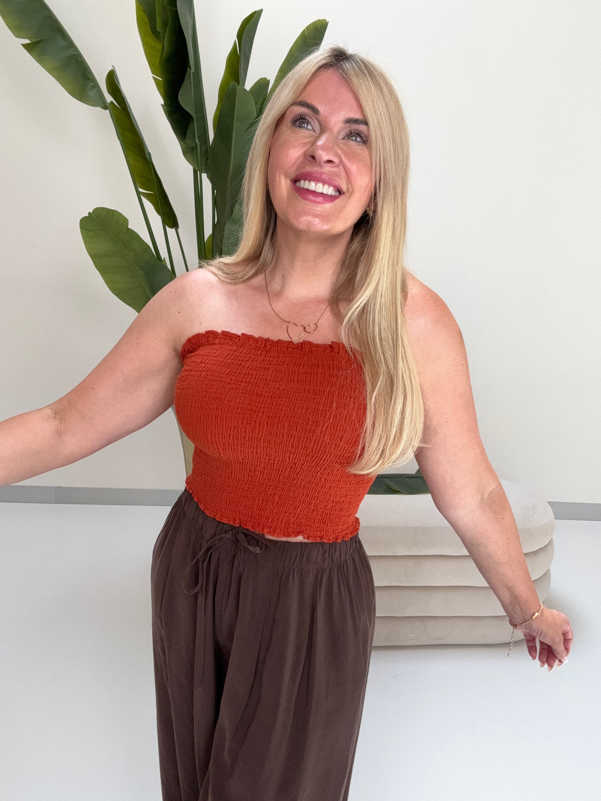 Musselin Bandeau Top mit elastischem Gummizug rostrot