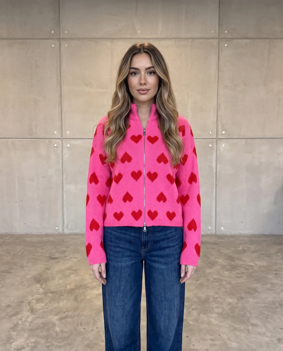 Zipper Strickjacke mit Herzchen pink/rot