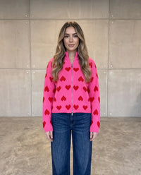 Zipper Strickjacke mit Herzchen pink/rot