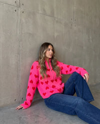 Zipper Strickjacke mit Herzchen pink/rot