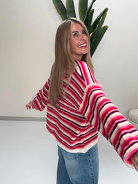 Kuschel Strickjacke mit Knopfleiste pink/rot/rosa/apricot/weiß