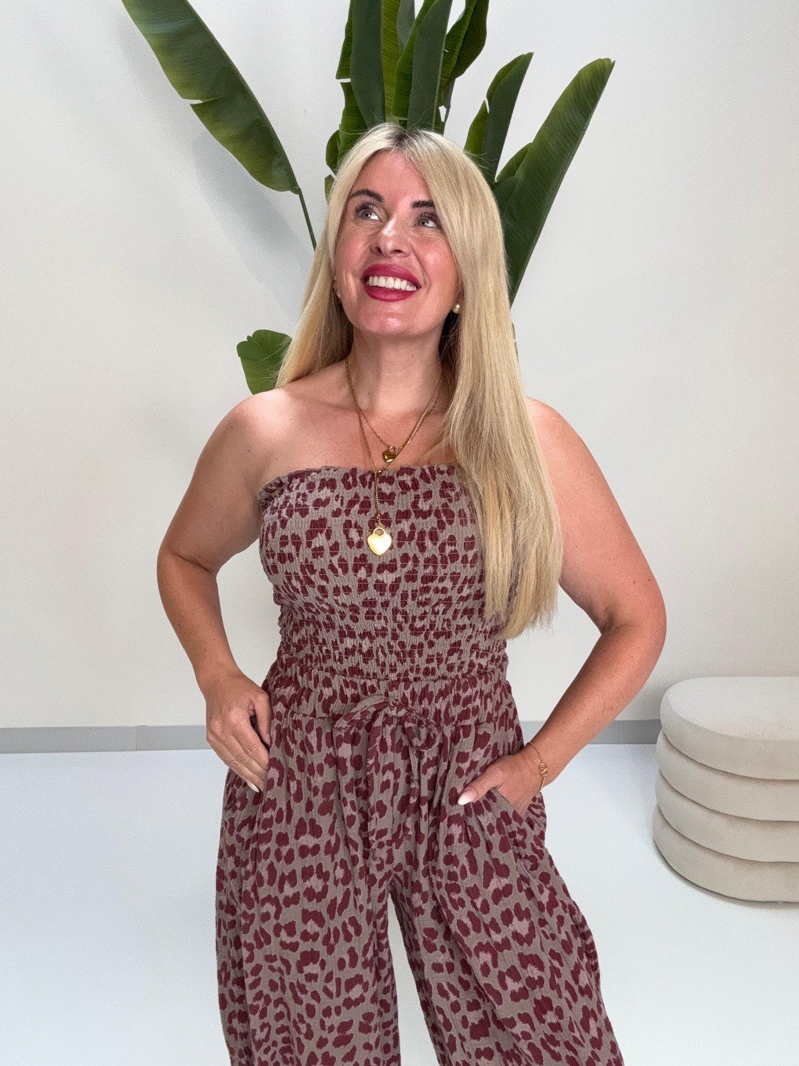 Musselin Bandeau Top mit elastischem Gummizug LEO burgundy/taupe