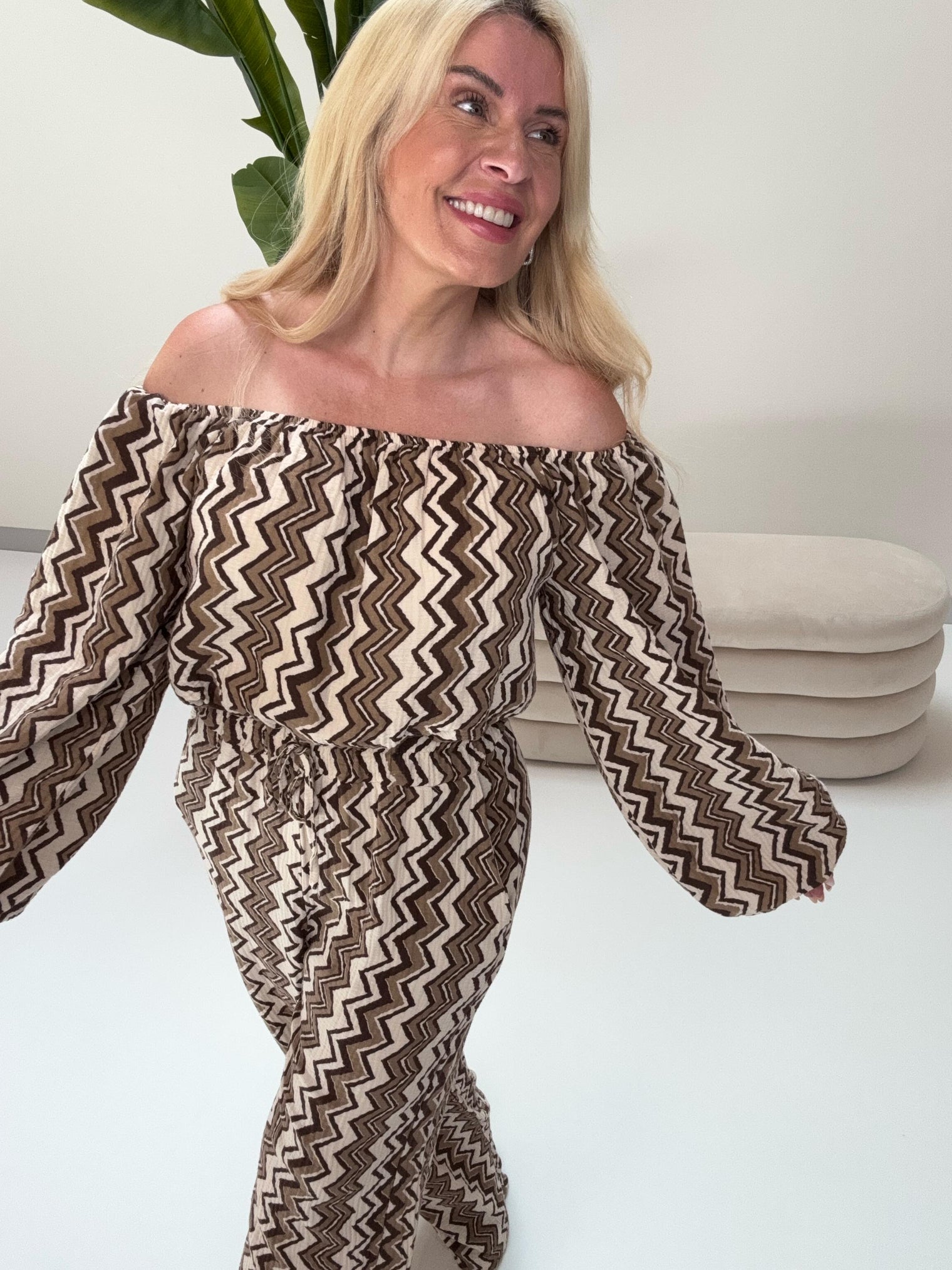 Musselin Carmen Bluse On FIRE creme/taupe/schwarz