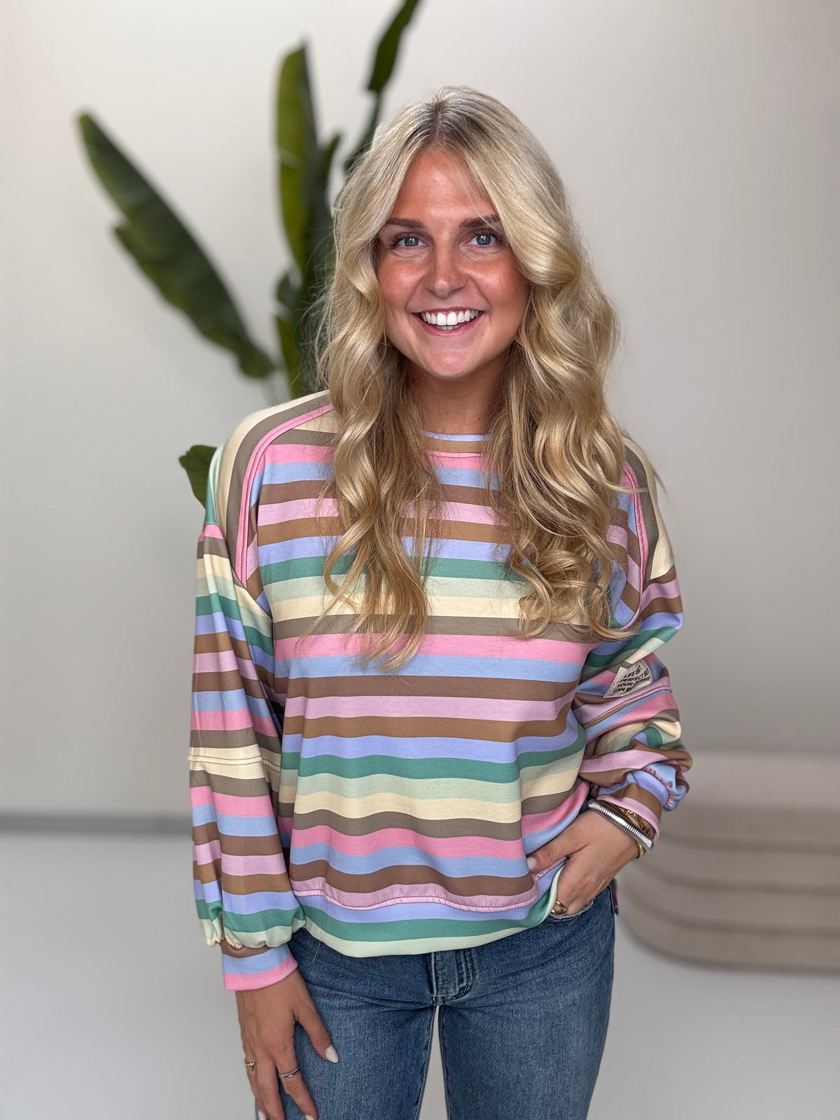 Butterstoff Sweater mit Patch am Ärmel SMALL STRIPES grün/mint/buttermilk/rosa/taupe