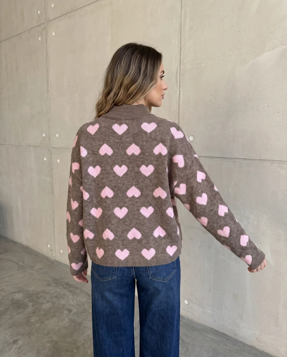 Zipper Strickjacke mit Herzchen taupe/rosa