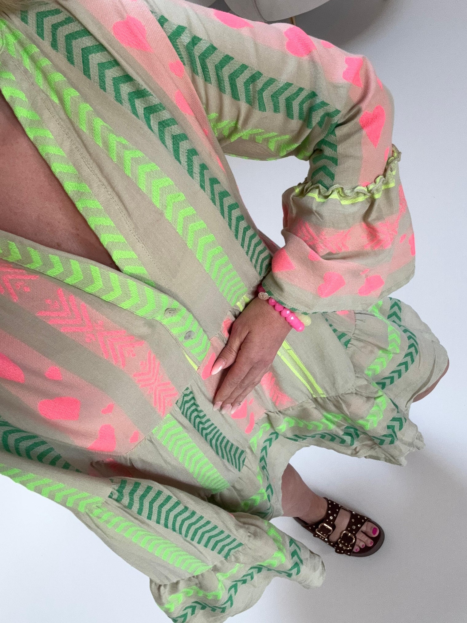 BOHO Kleid kurz STYLE hot green/rosa/dunkelgrün