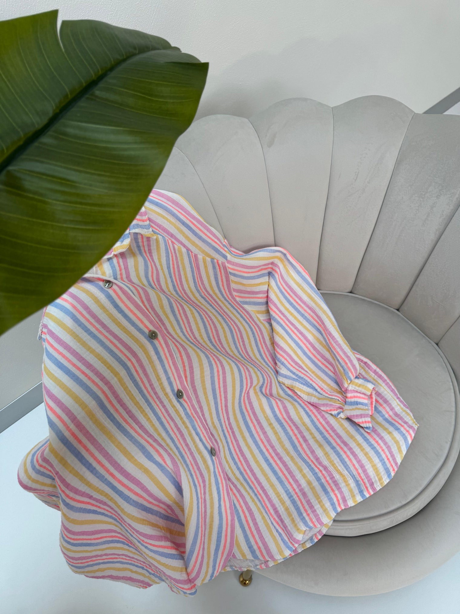 Musselin Bluse weiß COLORFUL STRIPES blau/pink/gelb/peach