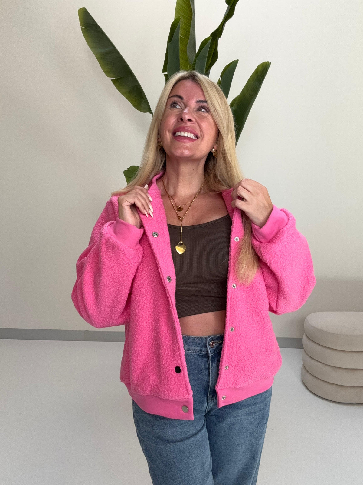 Bomber Jacke FLUFFY PINK mit Druckknöpfen