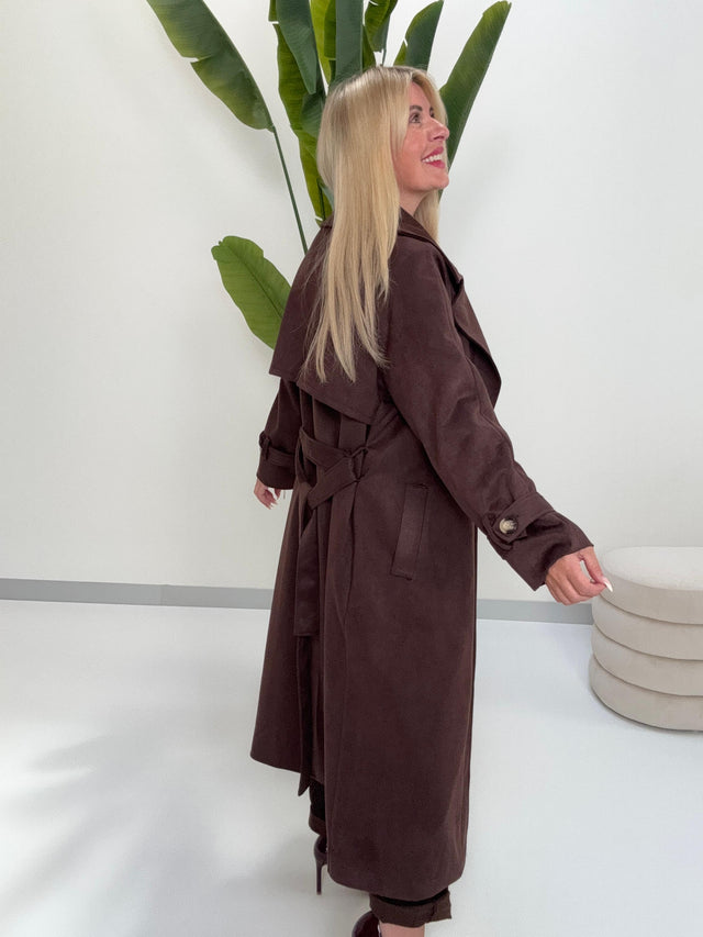 Velours Trenchcoat COZY KISS mit LEO Innenfutter dark chocolate