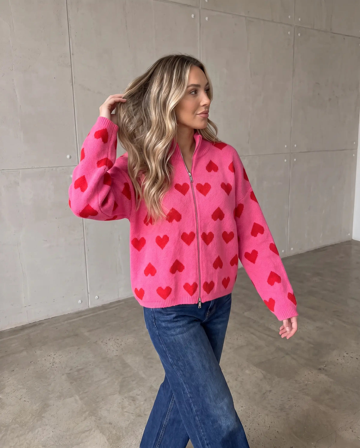 Zipper Strickjacke mit Herzchen pink/rot