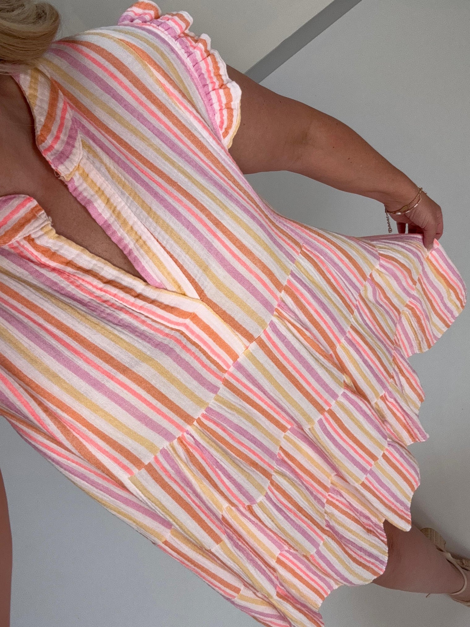 Signature Musselin Kleid kurz weiß SMALL STRIPES pastell rosa/peach/gelb