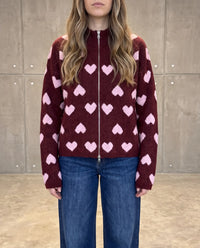 Zipper Strickjacke mit Herzchen burgundy/rosa
