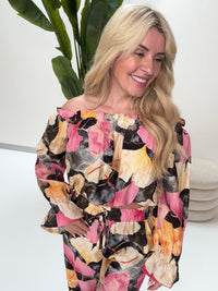 Carmen Bluse langarm FLORAL QUEEN schwarz/pink/creme