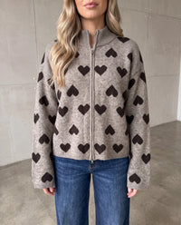 Zipper Strickjacke mit Herzchen stone/braun