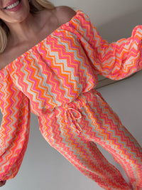 Musselin Carmen Bluse On FIRE weiß/pink/orange