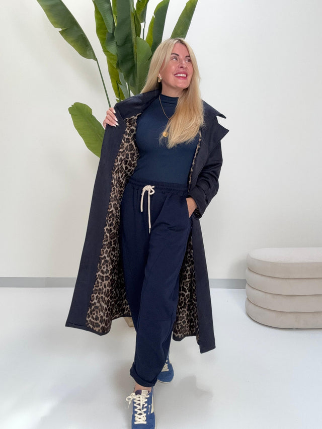 Velours Trenchcoat COZY KISS mit LEO Innenfutter mitternachtsblau