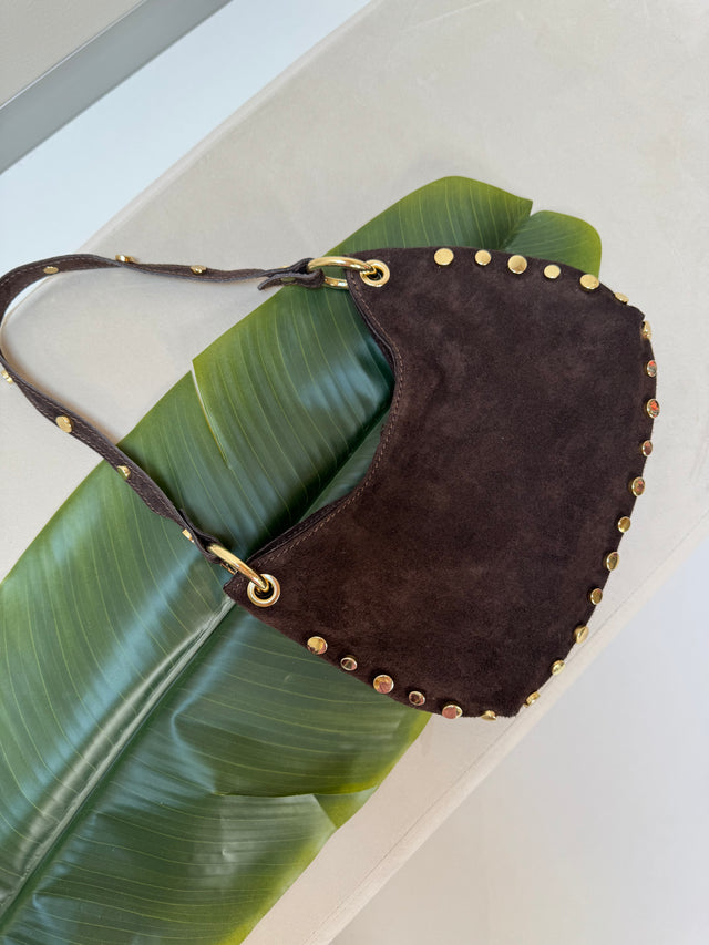 Hänkeltasche dark coffee mit goldenen Nieten I mit Umhängegurt