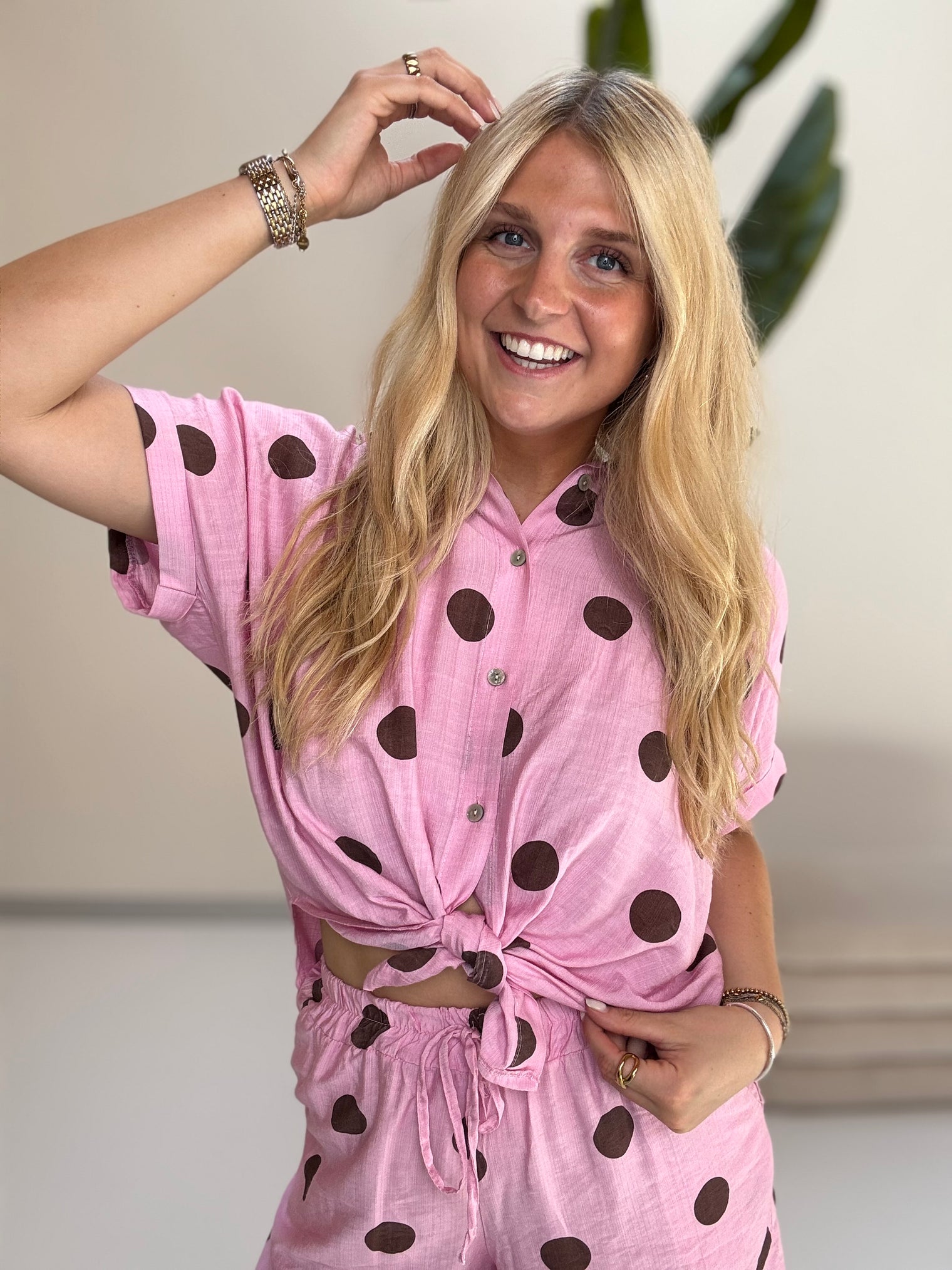 Leichte Sommer Bluse candy rose BIG POLKA DOTS coffee