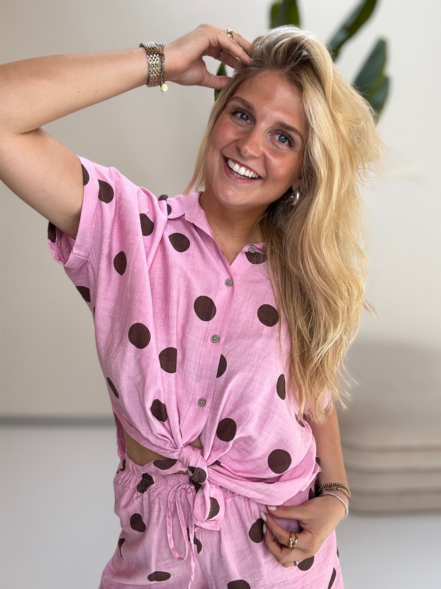 Leichte Sommer Bluse candy rose BIG POLKA DOTS coffee