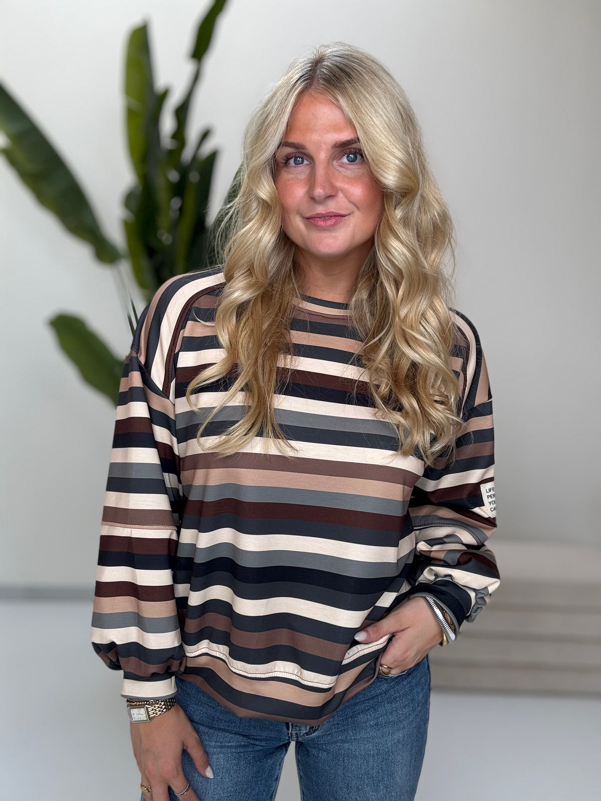 Butterstoff Sweater mit Patch am Ärmel SMALL STRIPES schwarz/braun/beige/creme/grau