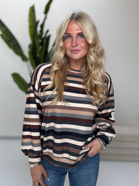Butterstoff Sweater mit Patch am Ärmel SMALL STRIPES schwarz/braun/beige/creme/grau