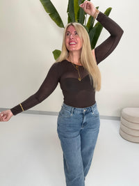 Stretchy One Off-Shoulder Longsleeve coffee leicht transparent
