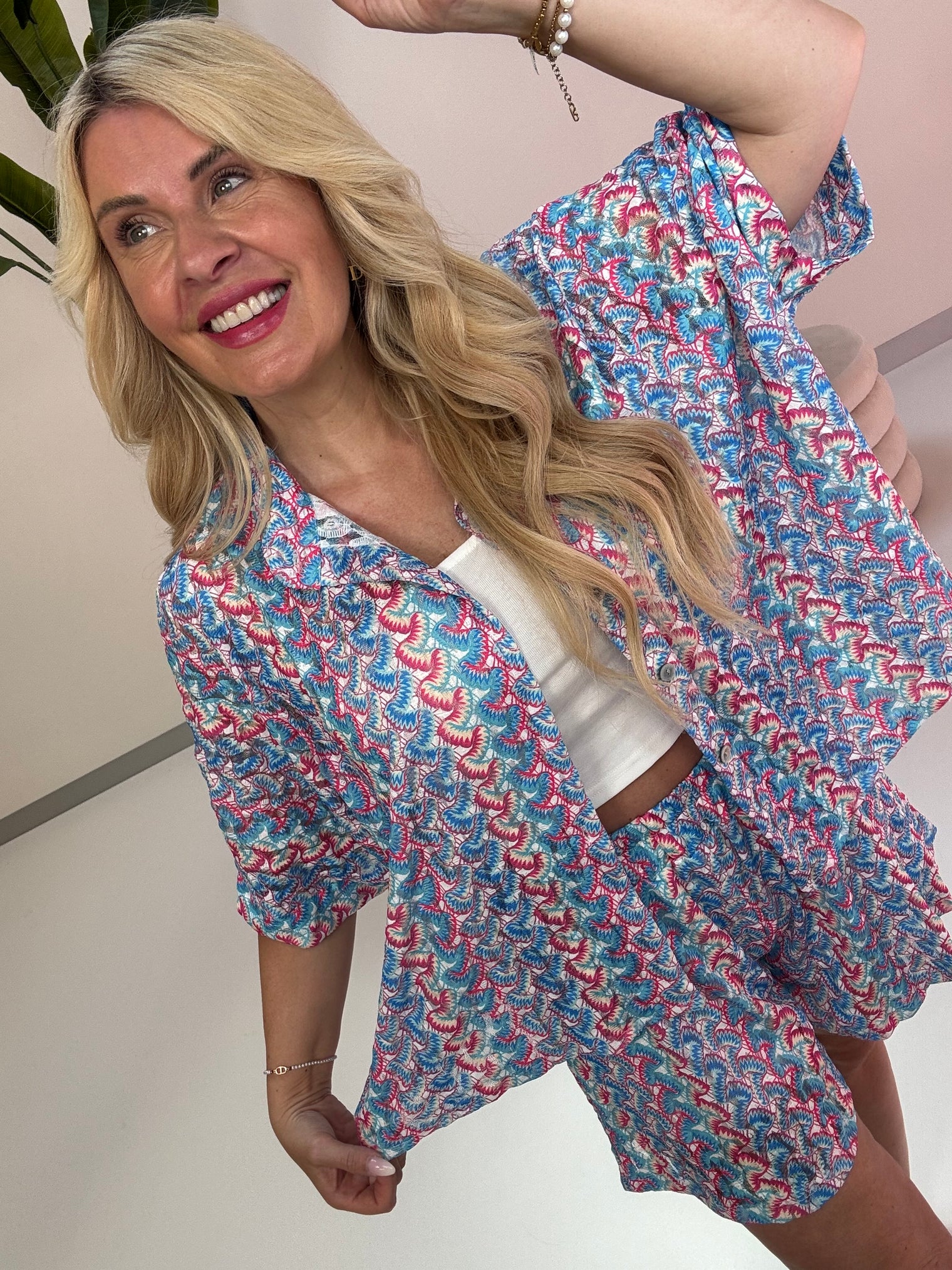 Sommer Bluse kurzarm SUMMER HOT hellblau/blau/pink