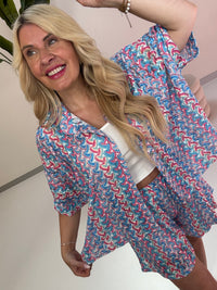 Sommer Bluse kurzarm SUMMER HOT hellblau/blau/pink