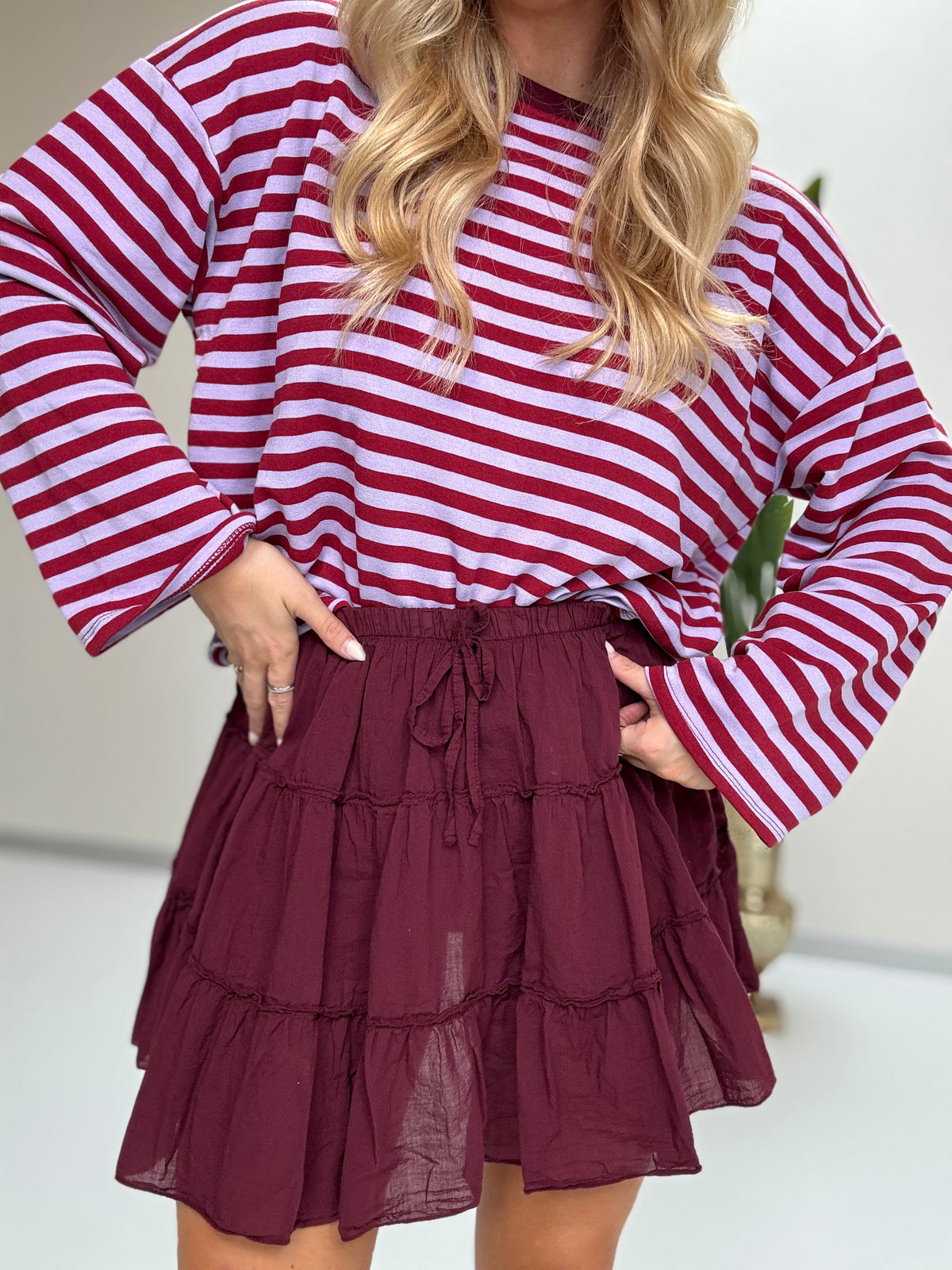 Longsleeve mit leicht ausgestelltem Ärmel STRIPES burgundy Flieder