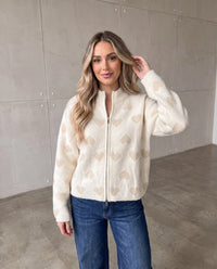 Zipper Strickjacke mit Herzchen weiß/creme
