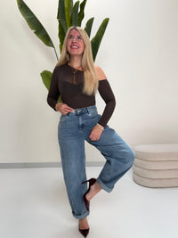 Stretchy One Off-Shoulder Longsleeve coffee leicht transparent