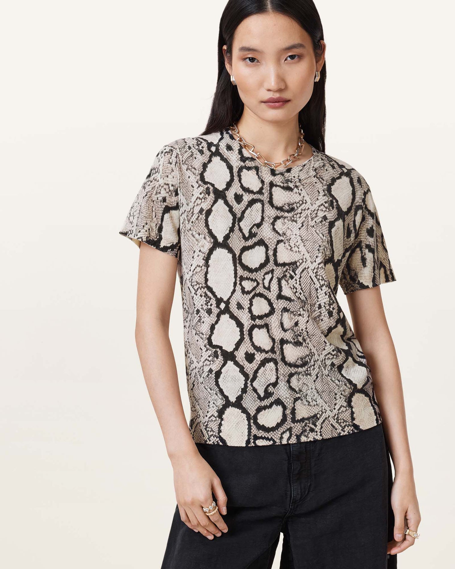 Allsaints Anouk Slim Fit Printed Wool T-Shirt Flow Ecru White