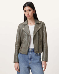 Allsaints Dalby Slim Fit Leather Biker Jacket Dusty Olive Green