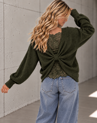 Romantischer Pullover mit Spitzen Rückenausschnitt khaki
